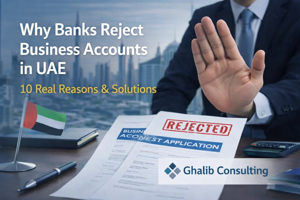 Why Banks Reject Business Accounts in UAE | 10 Real Reasons & Solutions – Ghalib Consulting